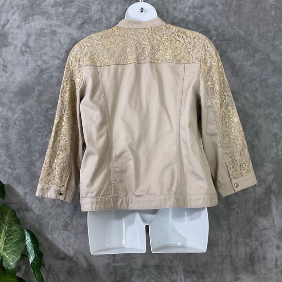 Chico's Platinum Jacket Taupe Gold Lace Overlay Open Front Size 3 ( X- Large ) - Picture 2 of 11